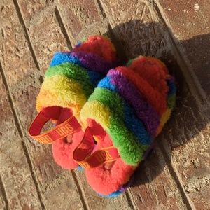 Girl's Rainbow UGG Fluff Yeah Shearling Elastic Backed Slide Sandals
